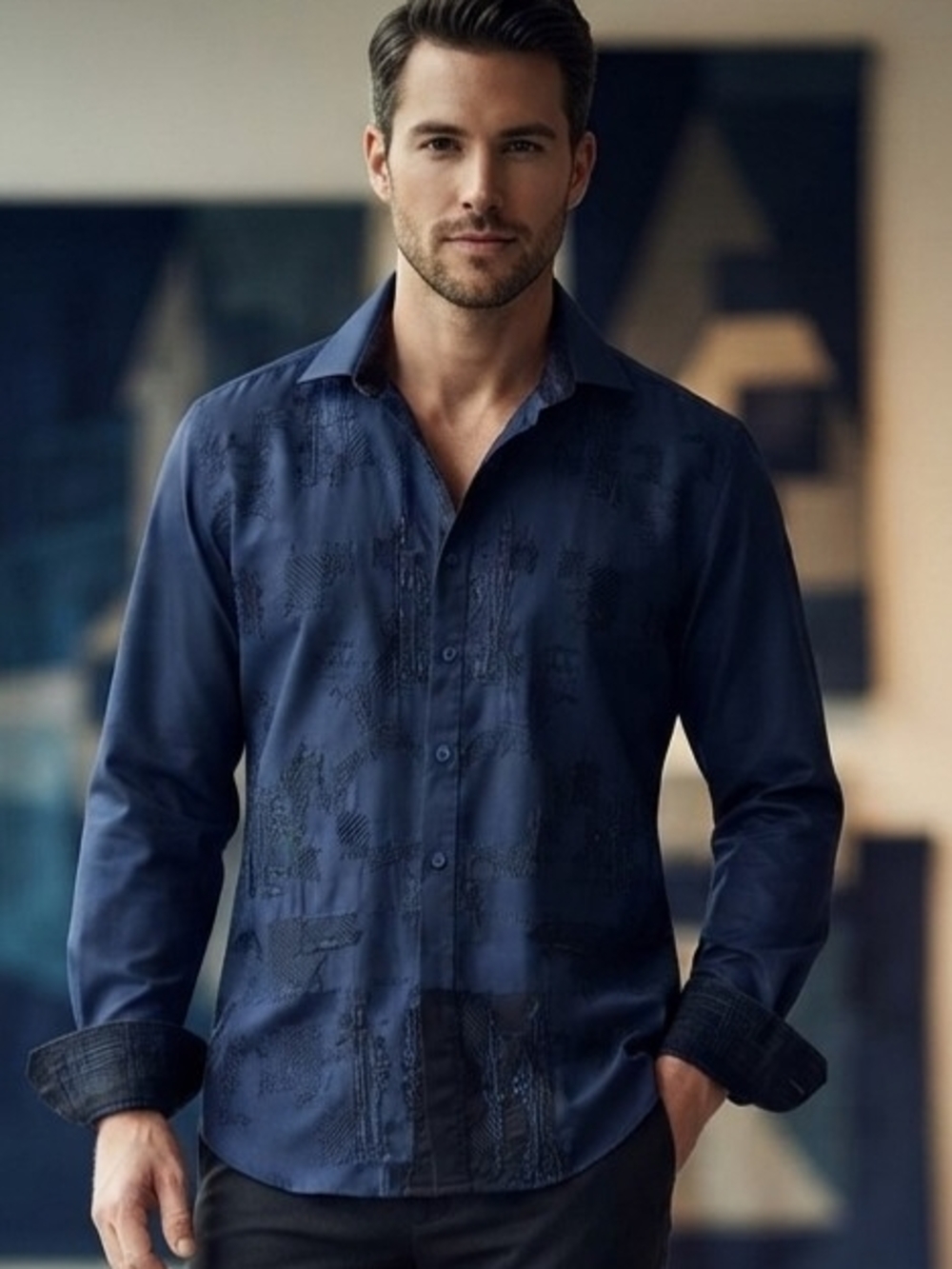 Robert Graham Men's Navy Embroidered Button-Down Shirt